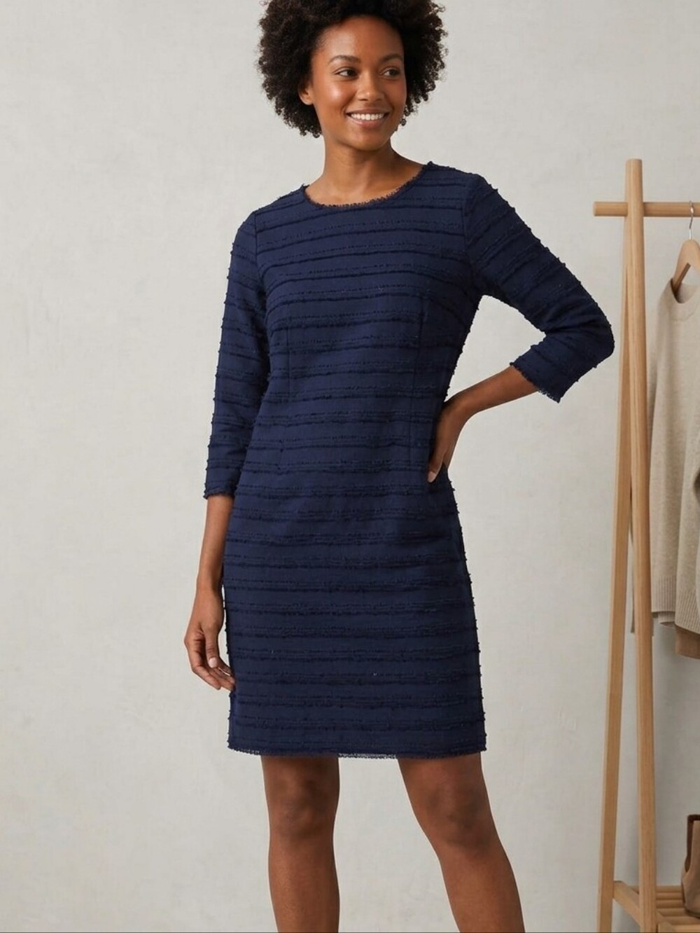 Trina Turk Navy Blue Textured Shift Dress Silk Lined Sz 6 Like New